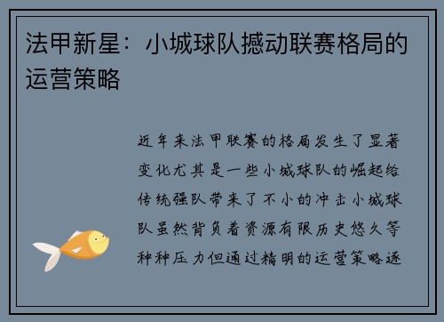 法甲新星：小城球队撼动联赛格局的运营策略