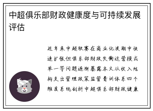 中超俱乐部财政健康度与可持续发展评估