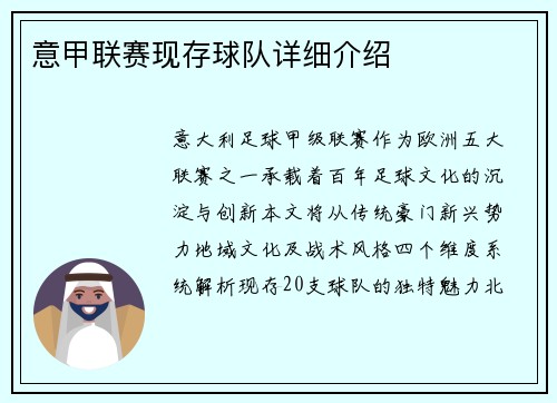 意甲联赛现存球队详细介绍