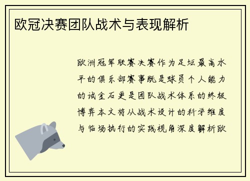 欧冠决赛团队战术与表现解析