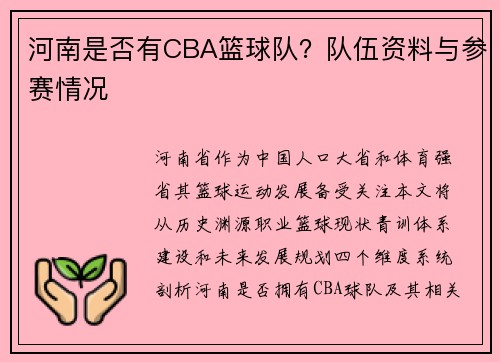 河南是否有CBA篮球队？队伍资料与参赛情况